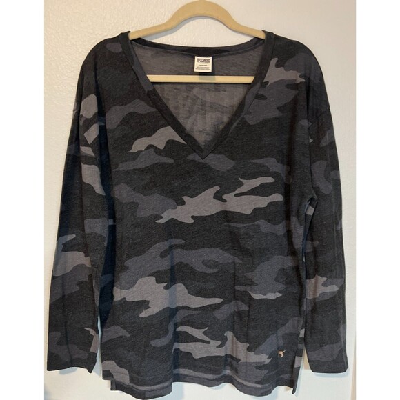 Victorias Secret PINK Long Sleeve Relaxed CAMO Shirt L Rose Gold Letters On Back - Picture 2 of 9